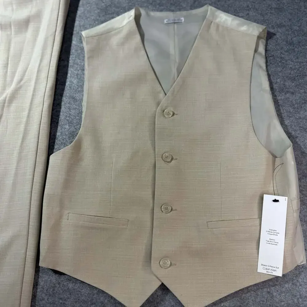 Calvin Klein Slim Fit Stretch 3-Piece Suit in Natural Linen